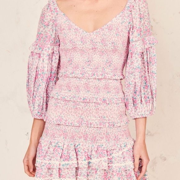 LoveShackFancy Ensley Mini Dress in Candy Heart Shirred Waist Ruffle Skirt Small - Picture 3 of 13